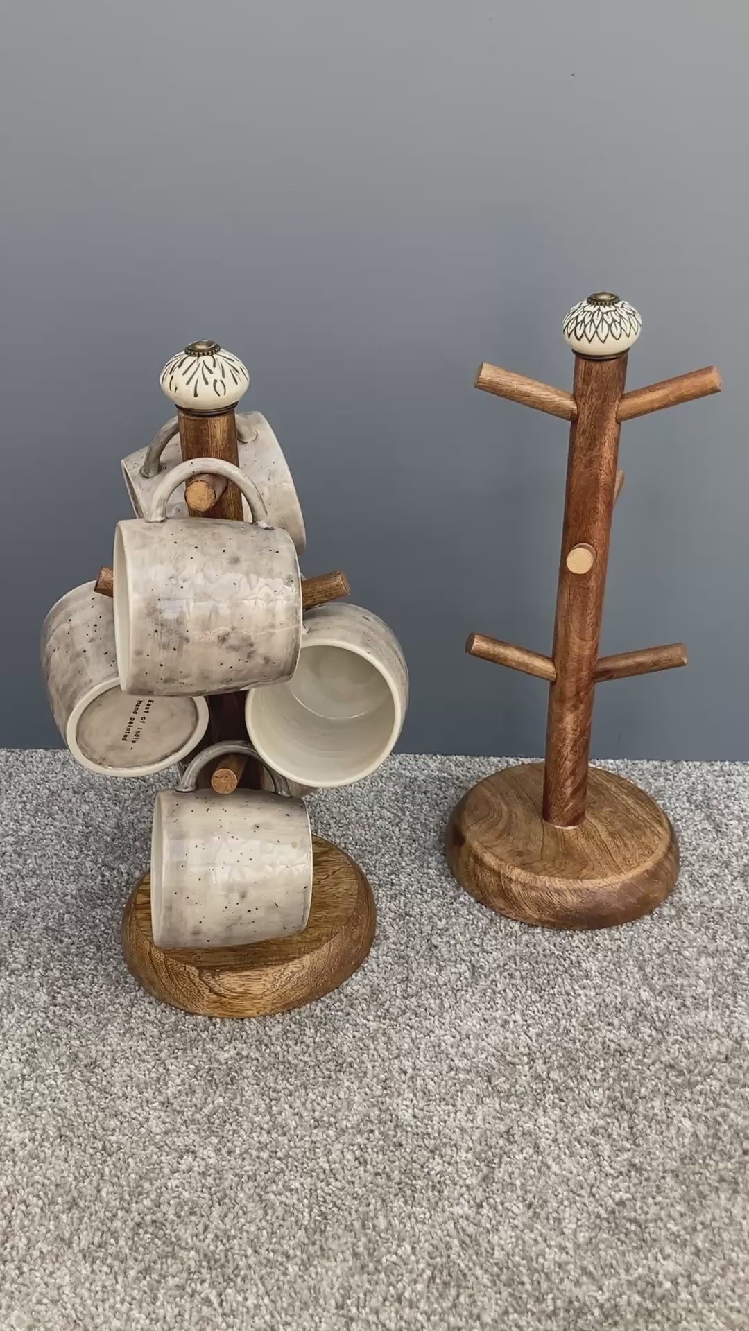 Dark Mango wood mug tree to hold up to 6 cups. 2 designs. Video