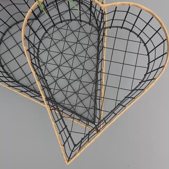 Heart shaped woven metal fruit baskets with raffia edging video