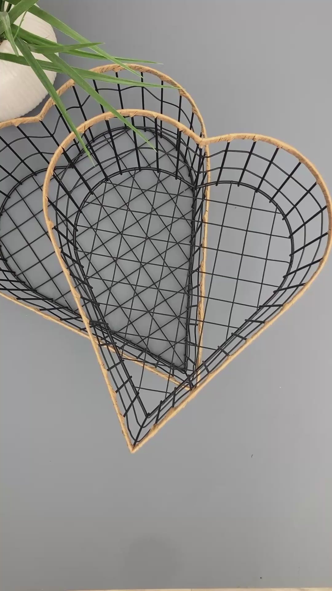 Heart shaped woven metal fruit baskets with raffia edging video