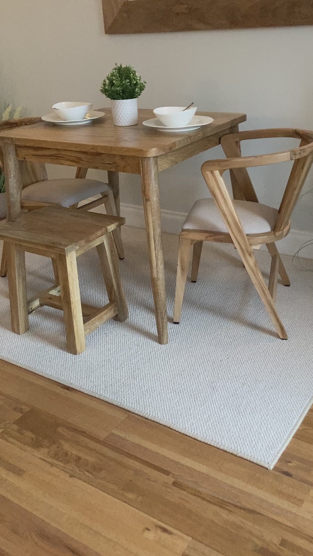 80cm Square Mango dining table with cone shaped legs dressed with 4 settings