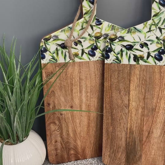 Video of Olive grove design enamelled Mango wood food serving paddle board 