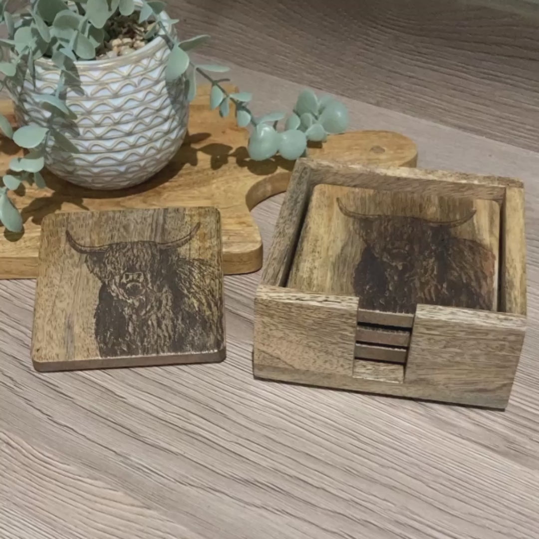 Set of 4 Mango wood square coasters with holder. 10cm square - Etched with Highland cow - video.