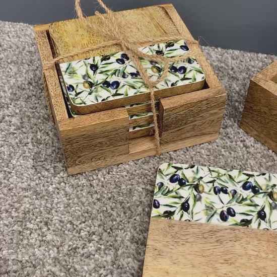 Solid 10cm square Olive Grove design Mango wood coasters in a holder - set of 4 video.