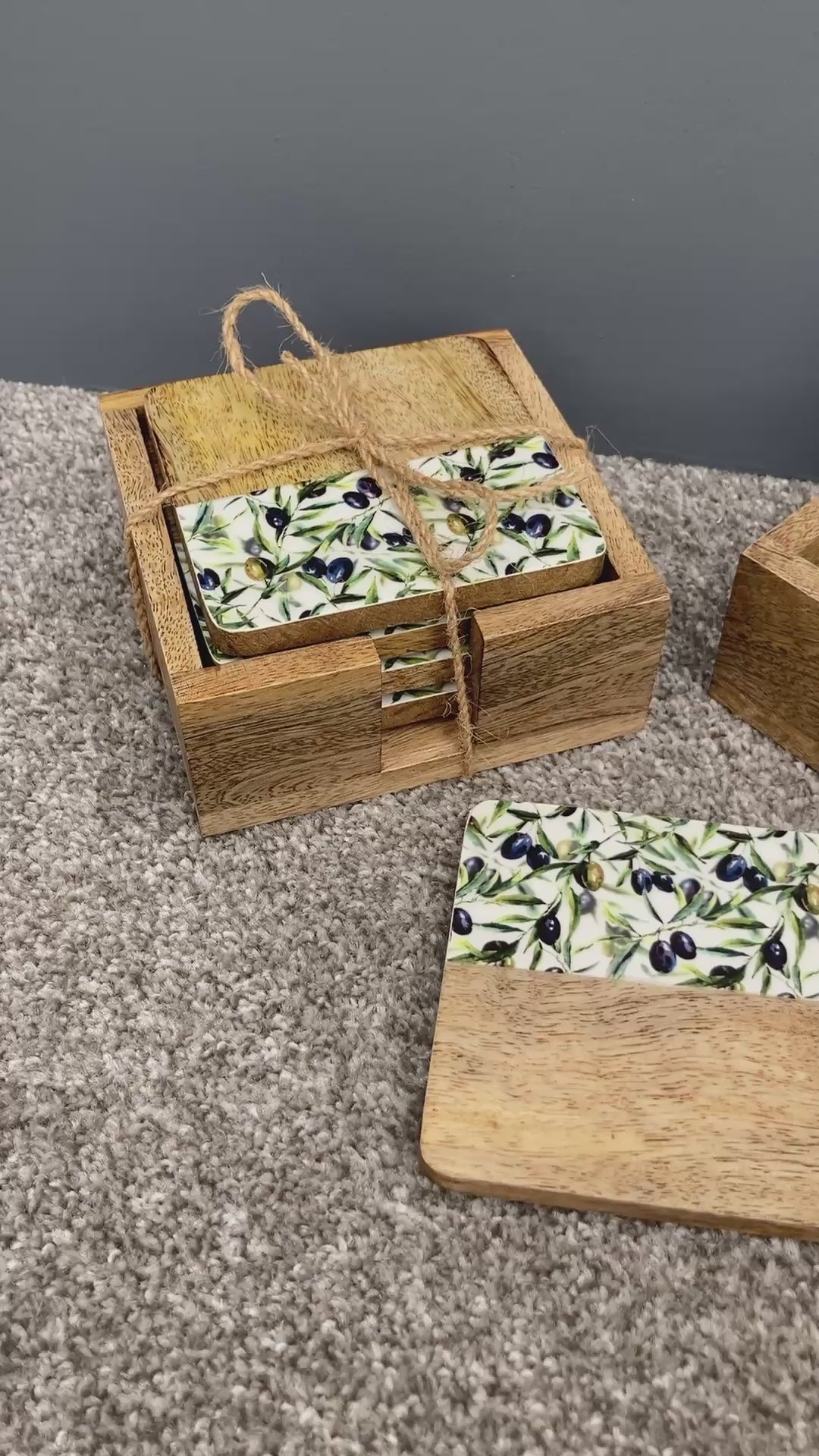 Solid 10cm square Olive Grove design Mango wood coasters in a holder - set of 4 video.