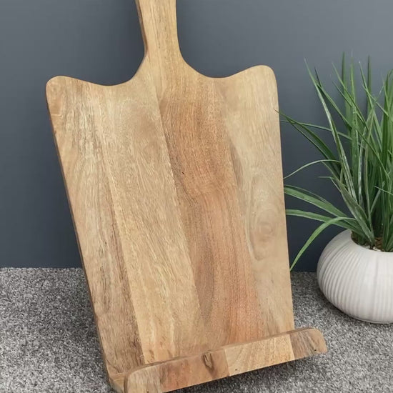 Tall Mango wood recipe stand with cut out heart handle video