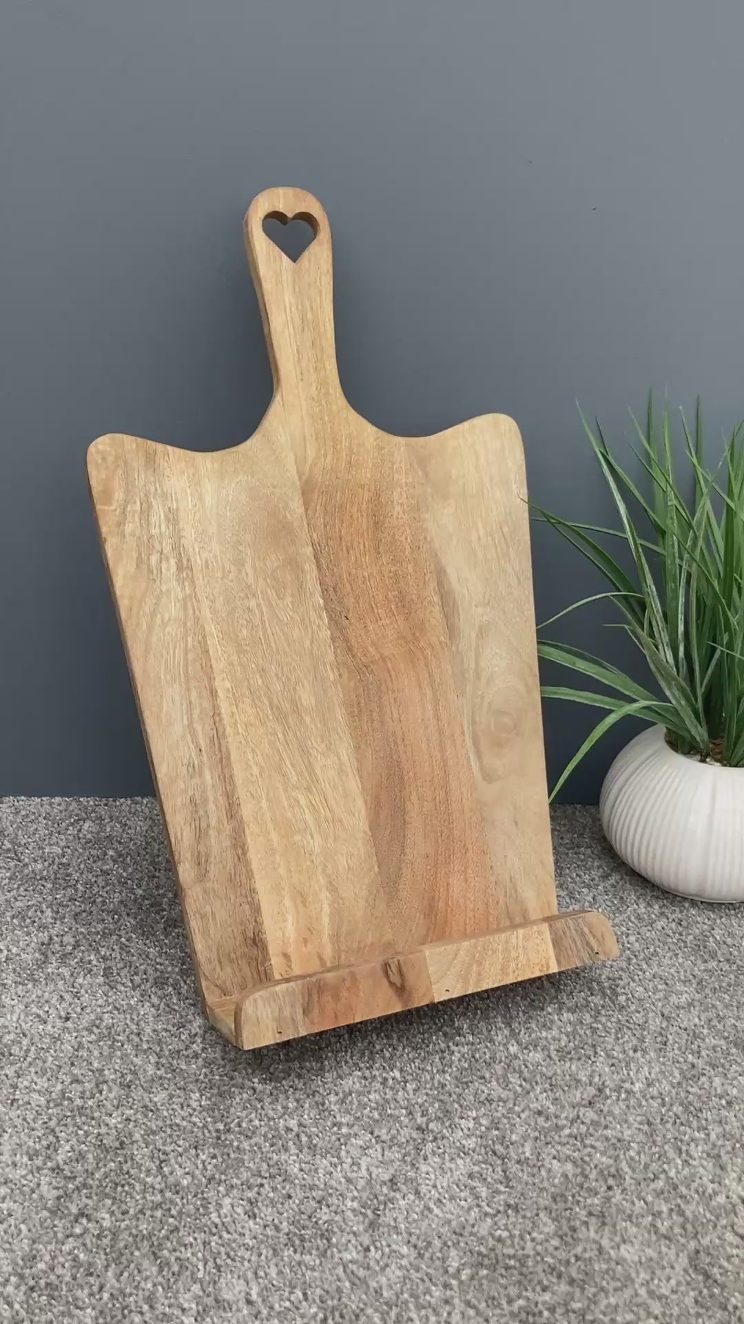 Tall Mango wood recipe stand with cut out heart handle video