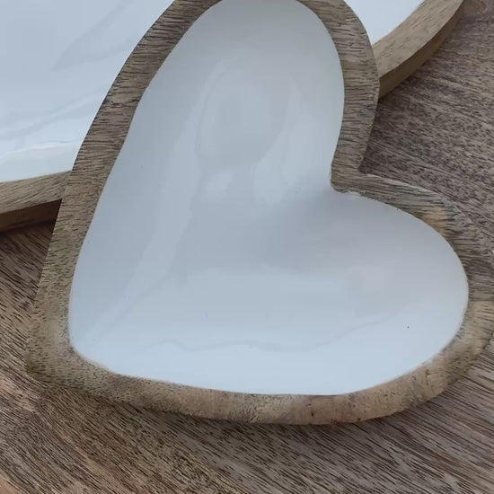 Solid Mango wood wooden heart dish / bowl lined with white enamel - video. 