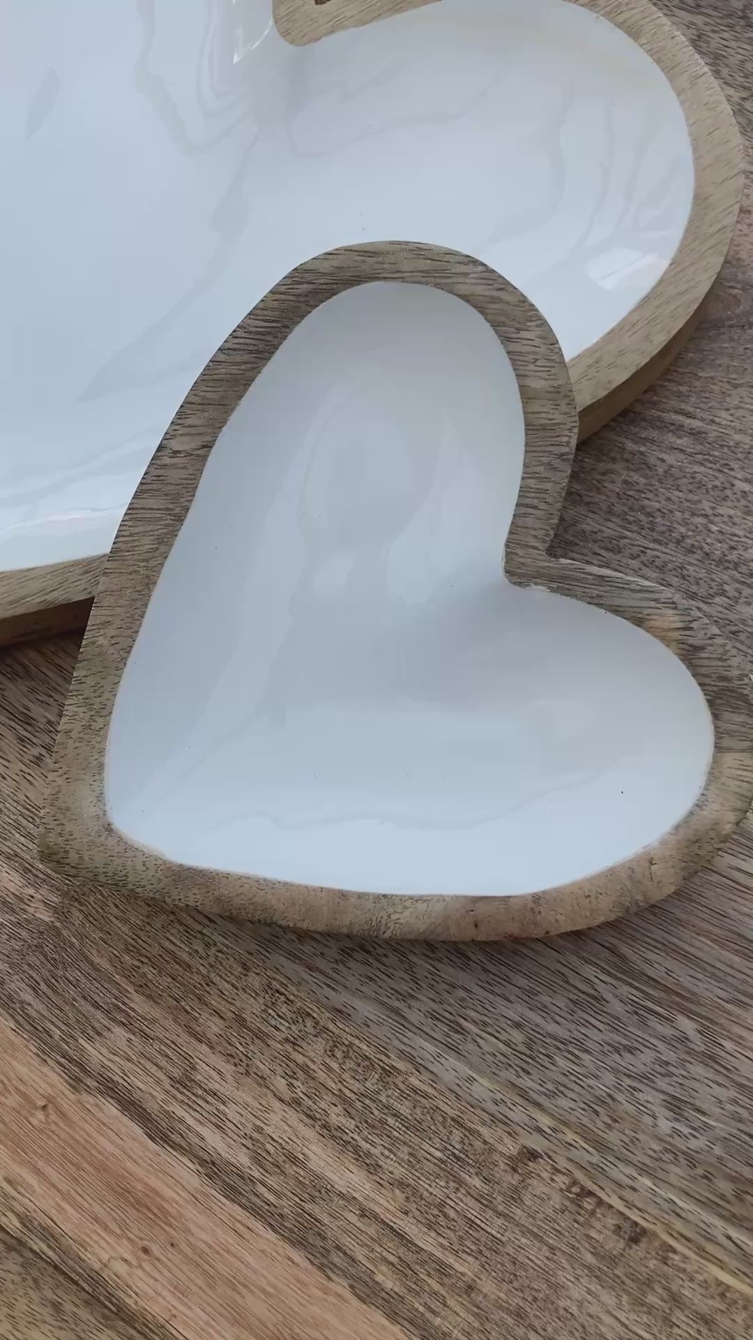 Solid Mango wood wooden heart dish / bowl lined with white enamel - video. 