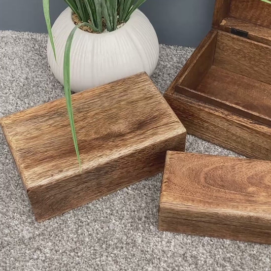 Dark Mango wood rectangular lidded boxes video.