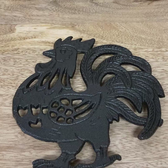 Black painted cast iron ROOSTER design trivet / hotplate - video