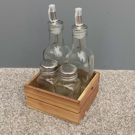 Acacia wood condiment tray. Salt & pepper shakers, oil & vinegar bottles included.