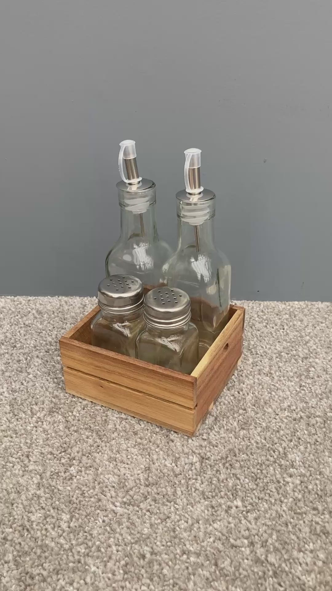 Acacia wood condiment tray. Salt & pepper shakers, oil & vinegar bottles included.