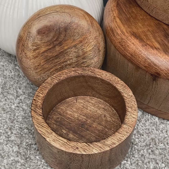 Dark Mango wood round lidded boxes video