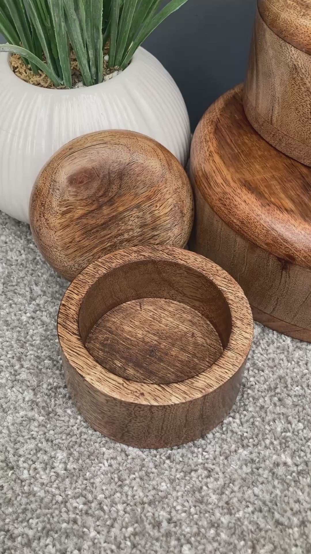 Dark Mango wood round lidded boxes video