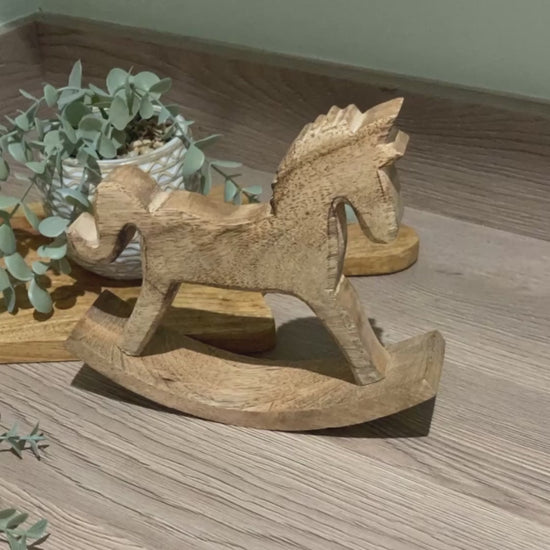 Mango wood rocking horse ornament 18cm high - video.