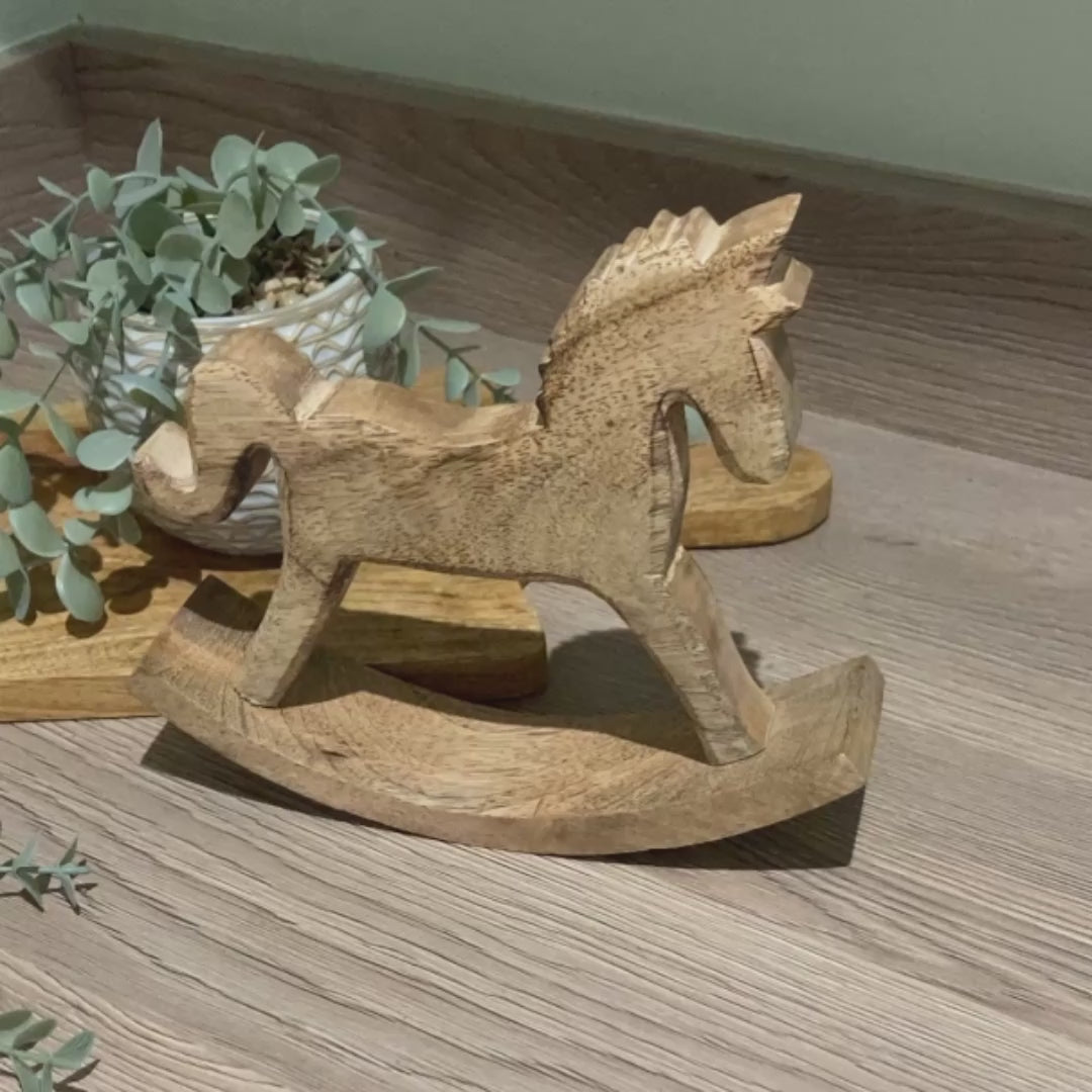 Mango wood rocking horse ornament 18cm high - video.
