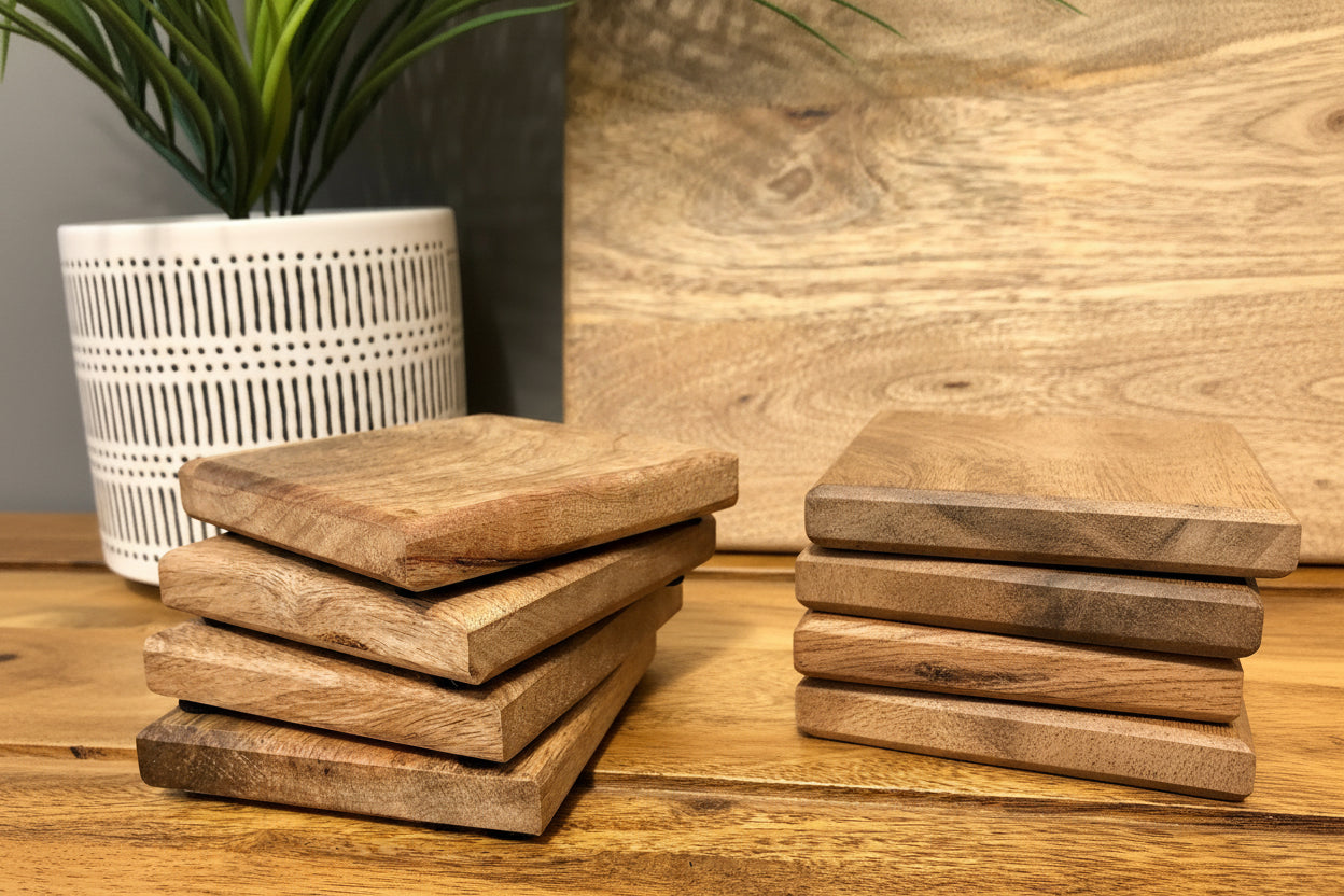 Stack of wooden cutting boards on a wooden surface with a plant in the background