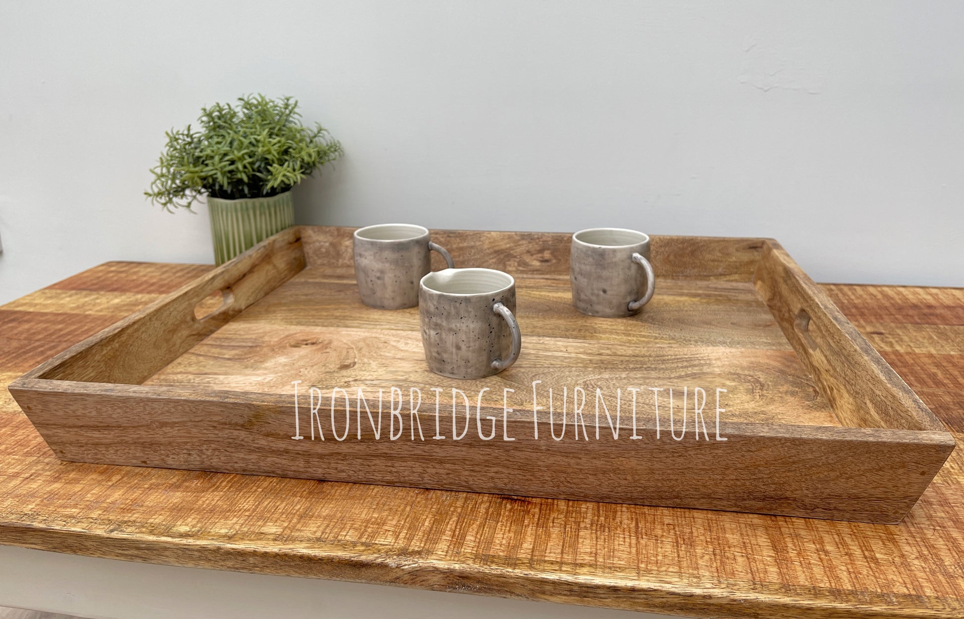 Solid Mango wood tray with cut out handles large tray