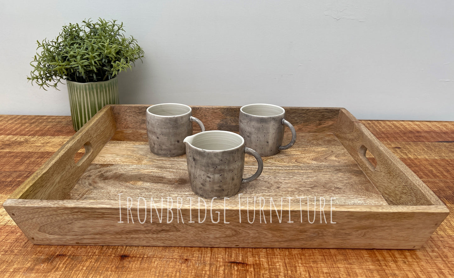 Solid Mango wood tray with cut out handles large tray