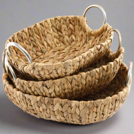 Woven water hyacinth fruit baskets with aluminium loop handles